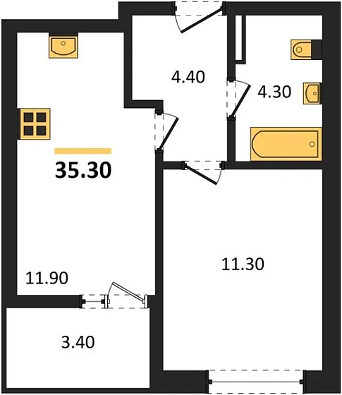 Квартира 1-комн. 35.3 кв. м