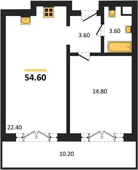 Апартаменты 1-комн. 54.6 кв. м