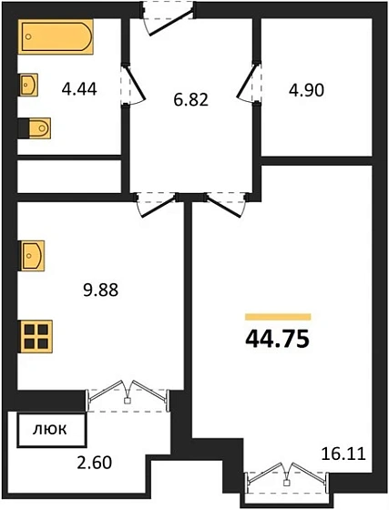 Квартира 1-комн. 44.75 кв. м