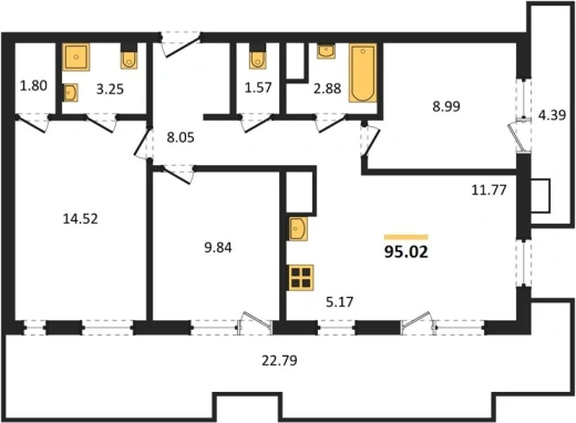 Апартаменты 3-комн. 95.02 кв. м