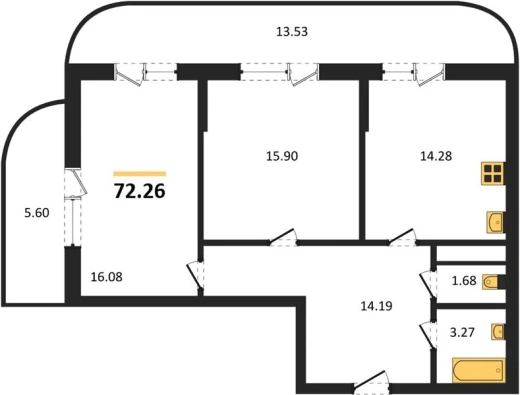 Квартира 2-комн. 72.26 кв. м