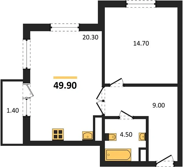 Квартира 1-комн. 49.9 кв. м