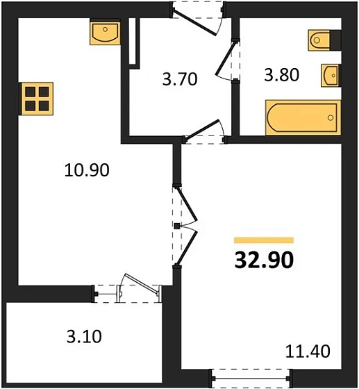 Квартира 1-комн. 32.9 кв. м