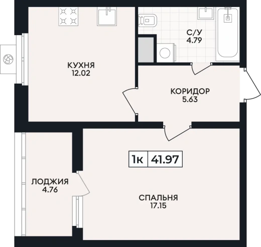 Квартира 1-комн. 41.97 кв. м