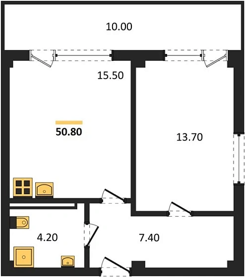 Апартаменты 1-комн. 50.8 кв. м