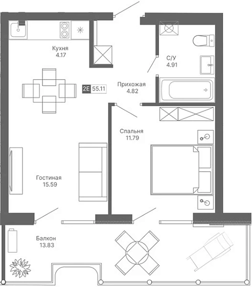 Апартаменты 1-комн. 55.11 кв. м