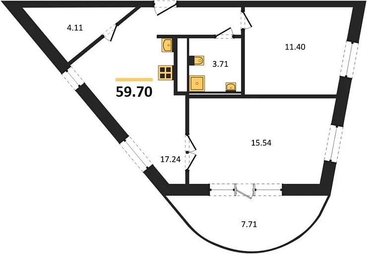 Апартаменты 2-комн. 59.7 кв. м