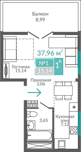 Апартаменты 1-комн. 37.96 кв.м