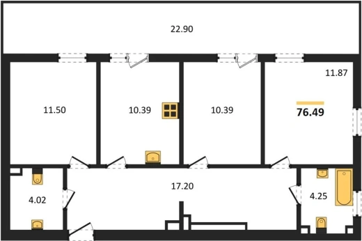 Квартира 3-комн. 76.49 кв. м