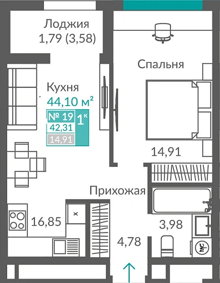Квартира 1-комн. 42.31 кв.м