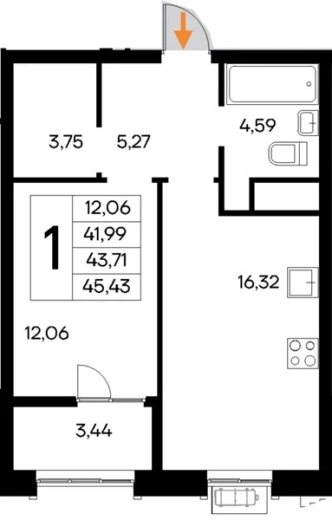 Квартира 1-комн. 45.43 кв. м