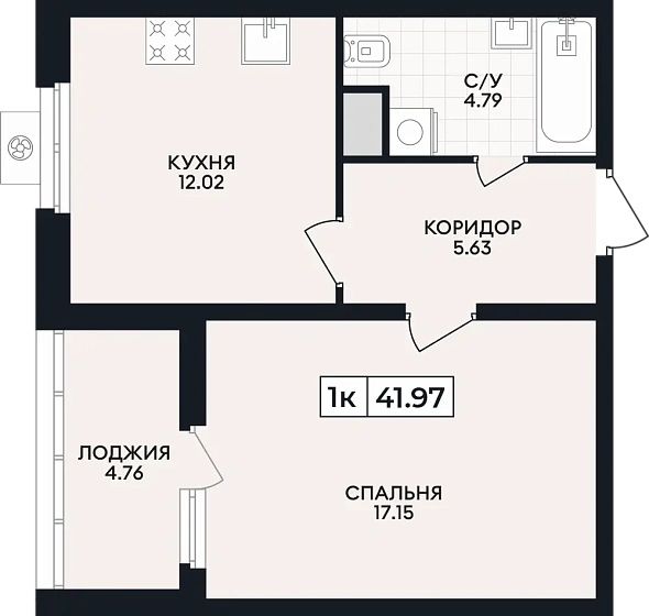 Квартира 1-комн. 41.97 кв. м