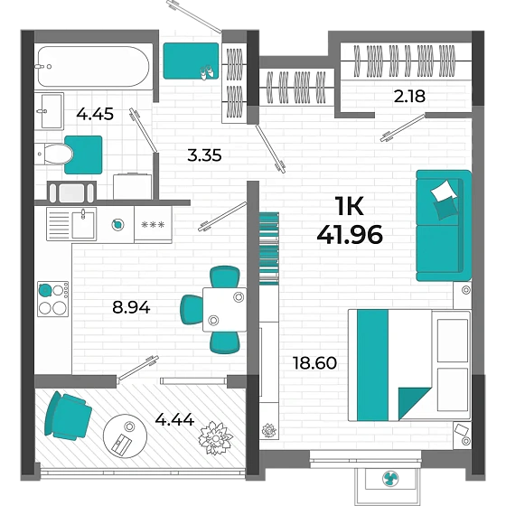 Квартира 1-комн. 41.96 кв. м