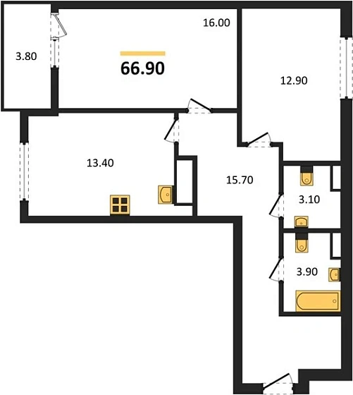Квартира 2-комн. 66.9 кв. м