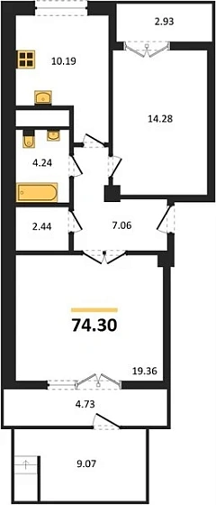 Квартира 2-комн. 74.3 кв. м