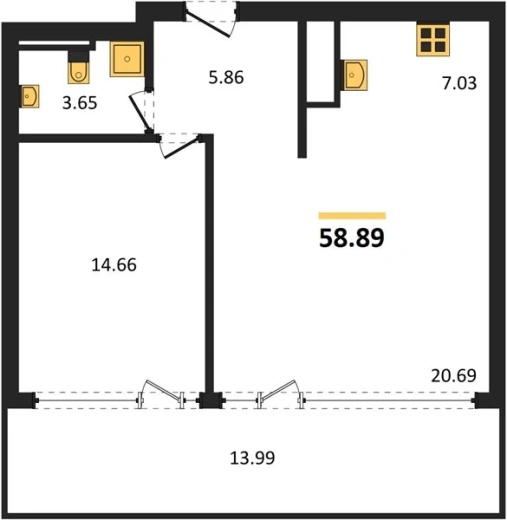 Квартира 2-комн. 58.89 кв. м