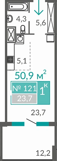 Апартаменты 1-комн. 50.9 кв.м