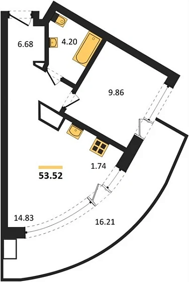 Апартаменты 1-комн. 53.52 кв. м