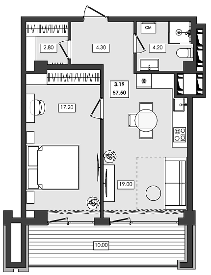 Апартаменты 2-комн. 57.5 кв. м