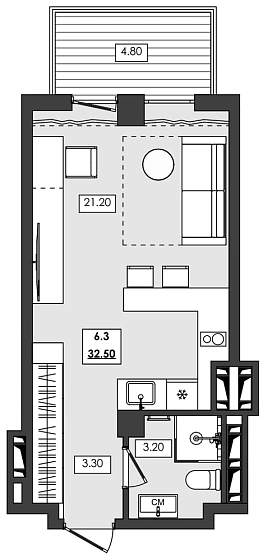 Апартаменты 1-комн. 32.5 кв. м