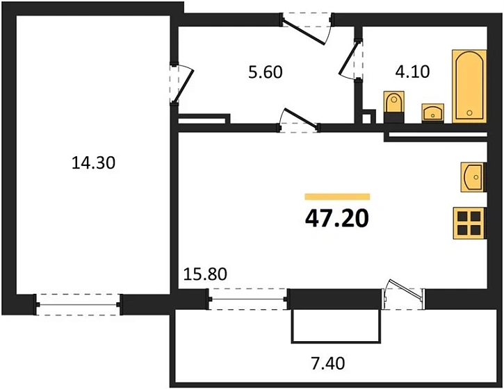 Квартира 1-комн. 47.2 кв. м