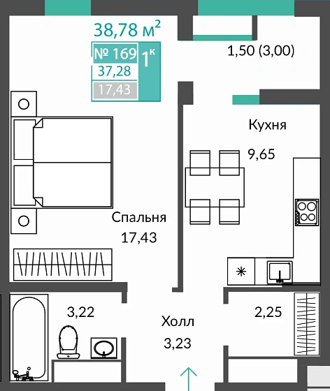 Квартира 1-комн. 37.28 кв.м