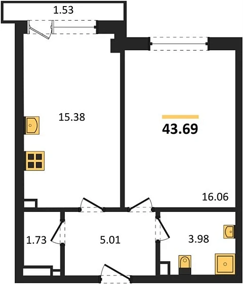 Апартаменты 1-комн. 43.69 кв. м