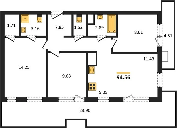 Апартаменты 3-комн. 94.56 кв. м