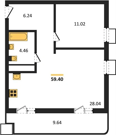 Квартира 1-комн. 59.4 кв. м