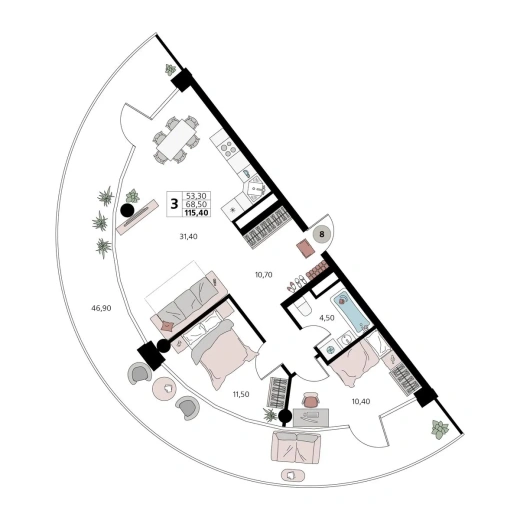 Апартаменты 3-комн. 115.4 кв. м