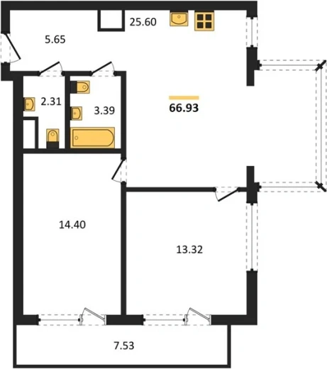 Квартира 2-комн. 66.93 кв. м