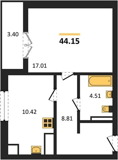 Квартира 1-комн. 44.15 кв. м