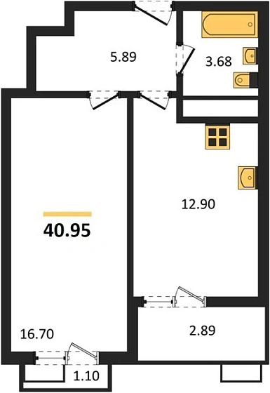 Квартира 1-комн. 40.95 кв. м