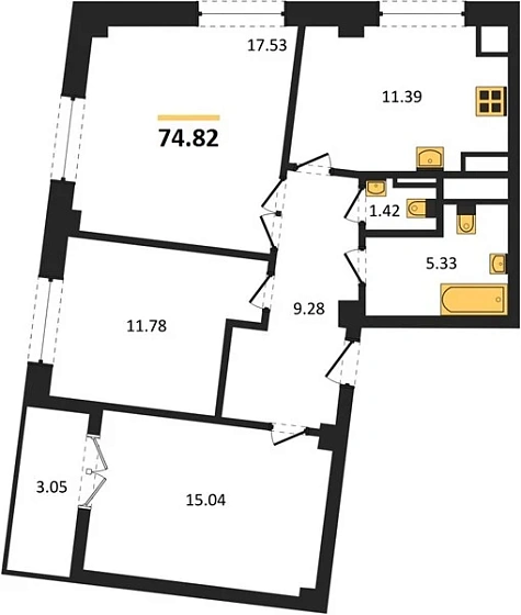 Квартира 3-комн. 74.82 кв. м