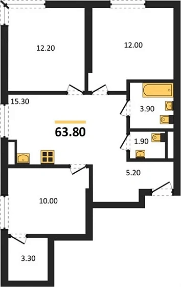 Квартира 3-комн. 63.8 кв. м