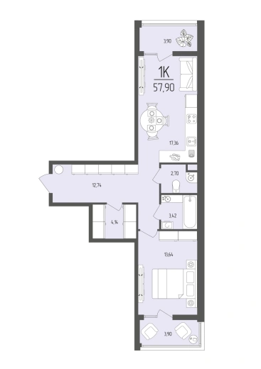 Квартира 1-комн. 57.9 кв. м