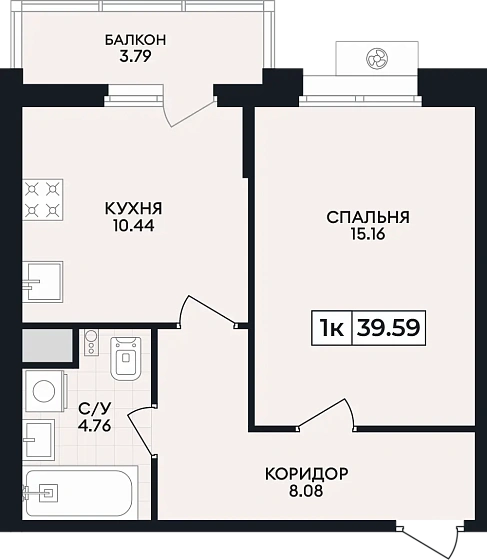 Квартира 1-комн. 39.59 кв. м