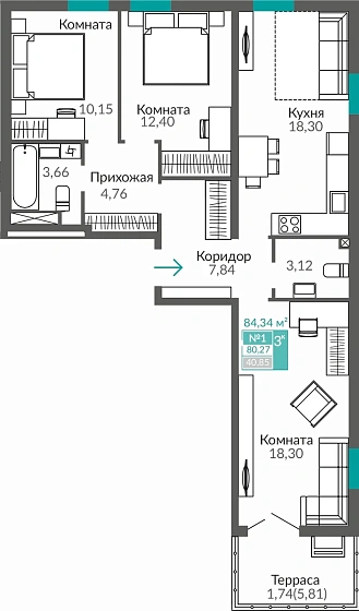 Квартира 3-комн. 80.27 кв.м
