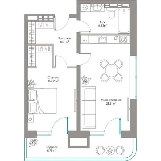 Квартира 1-комн. 61.92 кв. м