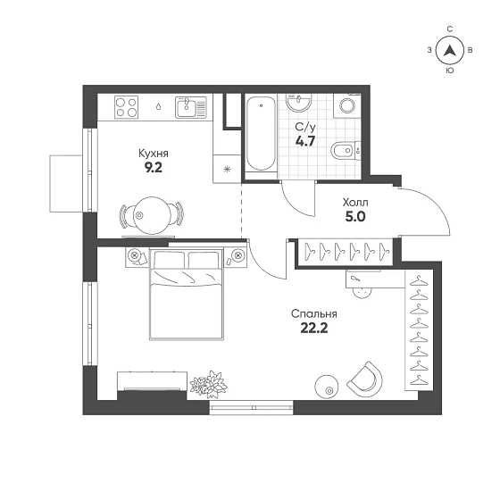 Квартира 1-комн. 41.1 кв. м