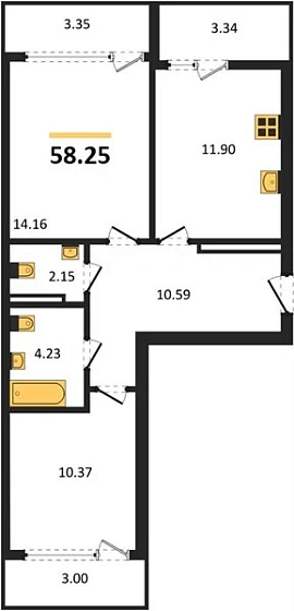 Квартира 2-комн. 58.25 кв. м