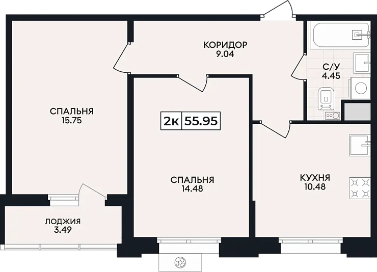 Квартира 2-комн. 55.95 кв. м
