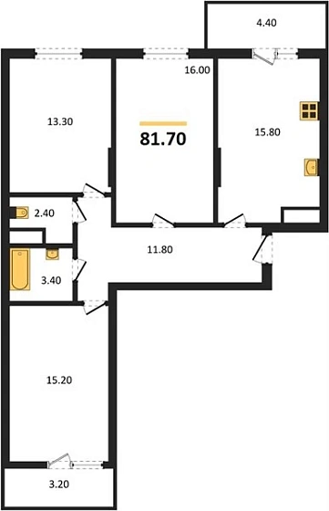 Квартира 3-комн. 81.7 кв. м