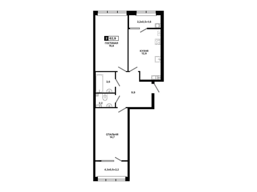 Квартира 2-комн. 62.9 кв. м