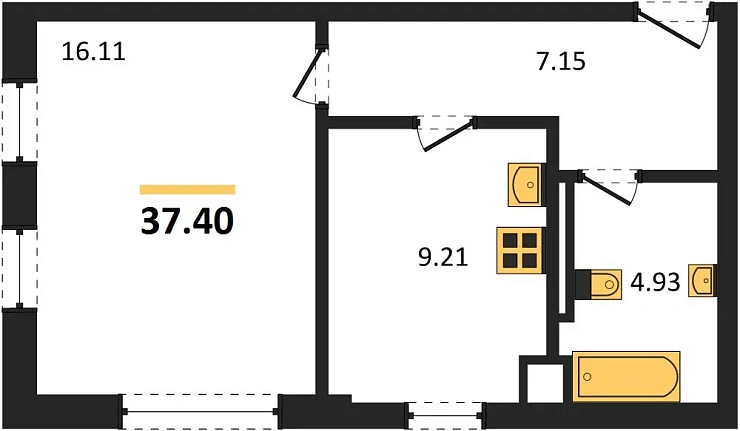 Квартира 1-комн. 37.4 кв. м