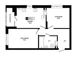 Квартира 2-комн. 51.4 кв. м