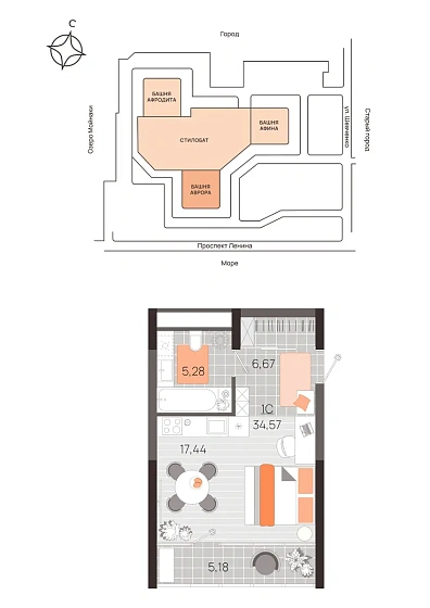Квартира Студия 34.57 кв. м