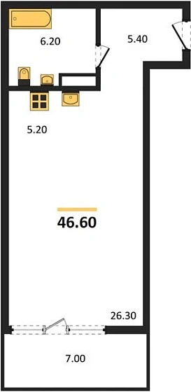 Квартира 1-комн. 46.6 кв. м