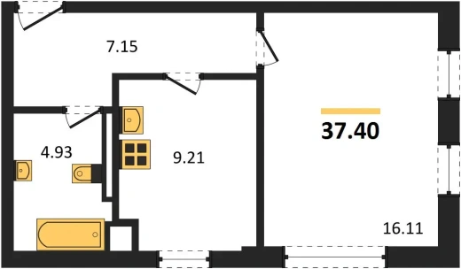 Квартира 1-комн. 37.4 кв. м