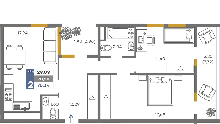 Квартира 2-комн. 70.5 кв. м